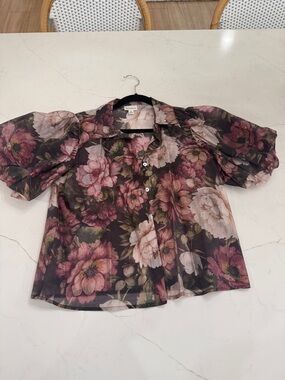 Bailey 44 Floral Button-Down Puff Sleeve Blouse in Pink and Green
